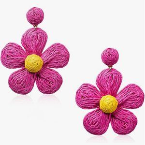 Big Pink Oversized Wicker Flower Power Earrings Boho Summer New Rattan Flowers